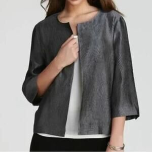 Eileen Fisher Silk Blend Wavy Textured Open Front Jacket Topper Size Medium Gray